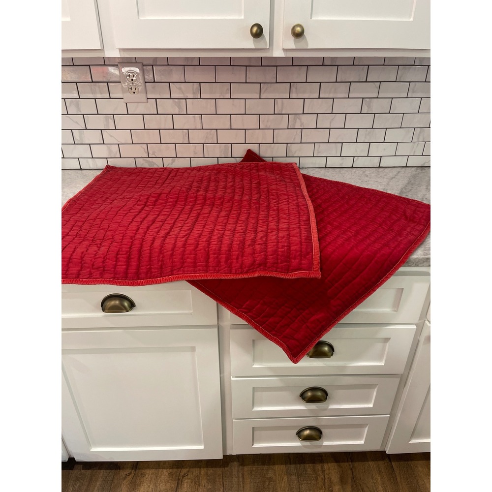Pottery Barn Euro Sham Set 27x27 Red Quilted Velvet Cotton Pair 2pc
